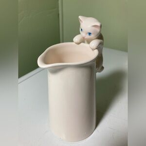 Vintage White Creamer With Kitten Climbing On The Outside , Pink EarsVintage